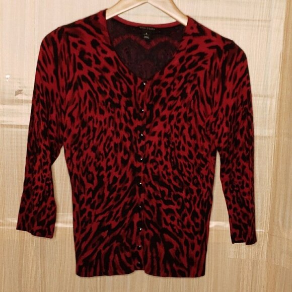 White House Black Market Red Black Animal Print Cardigan Sweater Small - Picture 1 of 5
